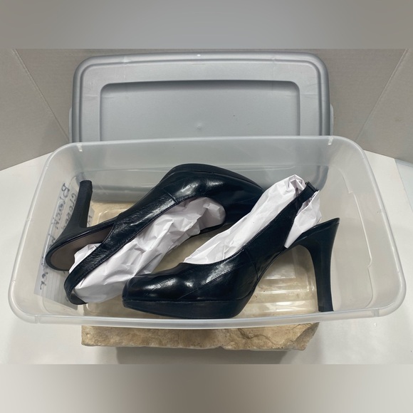 Moda Black Leather Round Closed Toe Platform Slingback Heels Sz 9 M - Picture 13 of 13